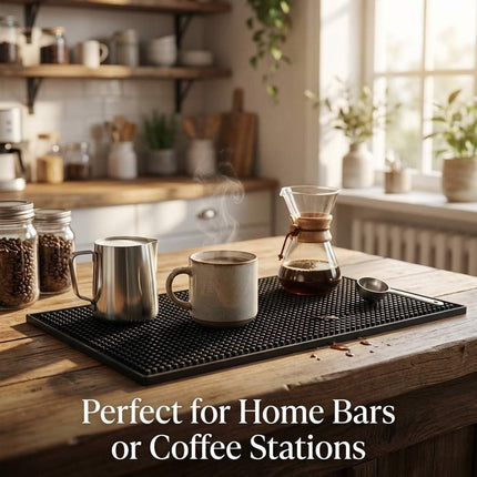 12"x6" Black Rubber Bar Mat – 6 Pack Non-Slip Drainage Pad for Coffee Stations, Home Bars & Kitchens.