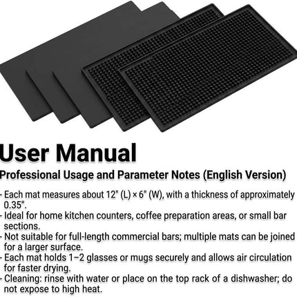 12"x6" Black Rubber Bar Mat – 6 Pack Non-Slip Drainage Pad for Coffee Stations, Home Bars & Kitchens.