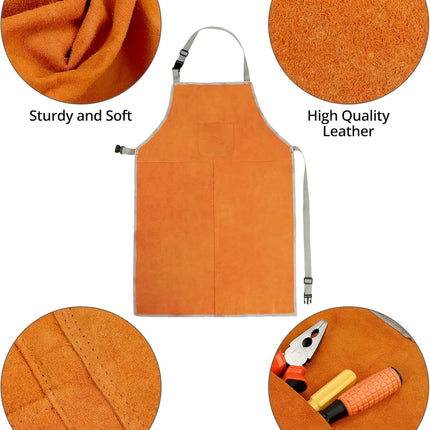 Welding Apron& Sleeves, Welding Work Protectors Set, Heat and Flame Resistant Leather Work Shop, Blacksmith Protective or Safety Clothing, Welders, Fireplace, Gardening, BBQ Apron, Bib Apron.