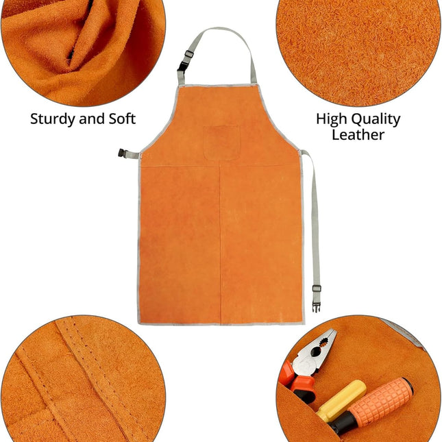 Welding Apron& Sleeves, Welding Work Protectors Set, Heat and Flame Resistant Leather Work Shop, Blacksmith Protective or Safety Clothing, Welders, Fireplace, Gardening, BBQ Apron, Bib Apron.