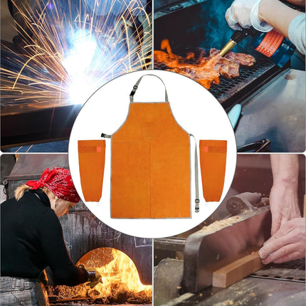 Welding Apron& Sleeves, Welding Work Protectors Set, Heat and Flame Resistant Leather Work Shop, Blacksmith Protective or Safety Clothing, Welders, Fireplace, Gardening, BBQ Apron, Bib Apron.