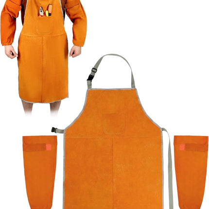 Welding Apron& Sleeves, Welding Work Protectors Set, Heat and Flame Resistant Leather Work Shop, Blacksmith Protective or Safety Clothing, Welders, Fireplace, Gardening, BBQ Apron, Bib Apron.