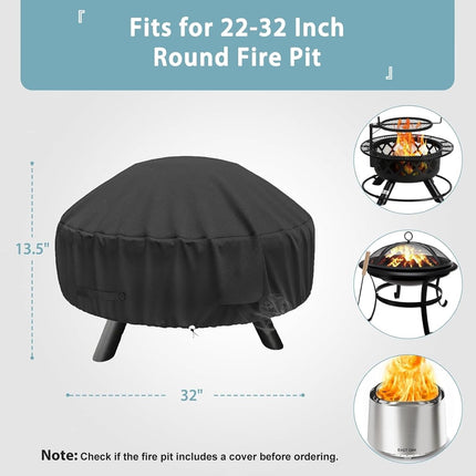 Round Fire Pit Cover for 22-32 Inch Fire Pit - Waterproof and Windproof, with Straps and Built-in Vents, 32 Dia x 13.5 H, Black.
