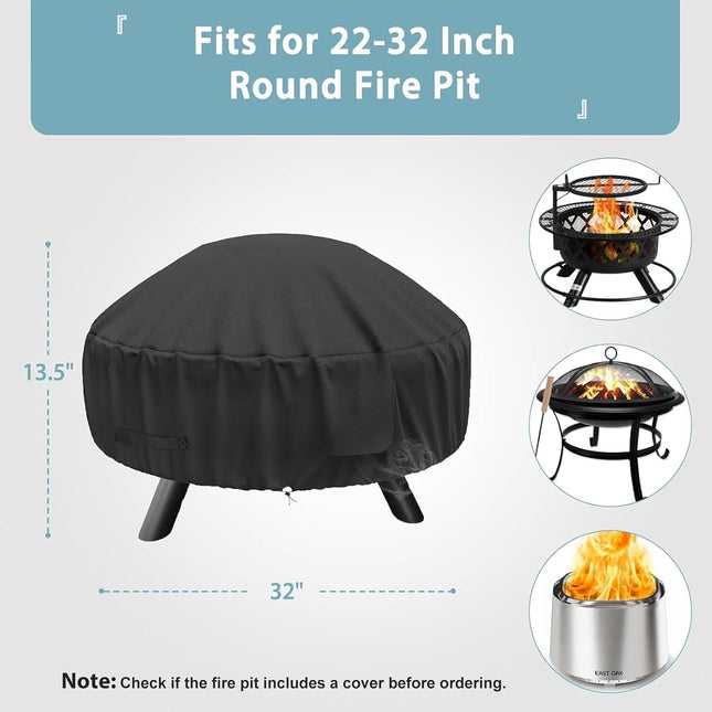Round Fire Pit Cover for 22-32 Inch Fire Pit - Waterproof and Windproof, with Straps and Built-in Vents, 32 Dia x 13.5 H, Black.