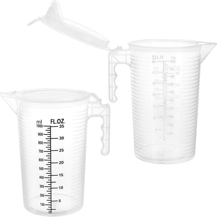 2 Pack 32oz (1 Quart) Measuring Pitcher - Plastic, Multipurpose, Polypropylene, with Clear Ounce & Milliliter Markings, Dustproof Lid, for Cooking, Home Hobbies, Shop Oil and Fluids.