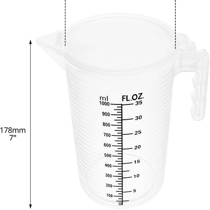 2 Pack 32oz (1 Quart) Measuring Pitcher - Plastic, Multipurpose, Polypropylene, with Clear Ounce & Milliliter Markings, Dustproof Lid, for Cooking, Home Hobbies, Shop Oil and Fluids.