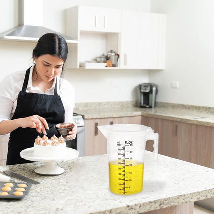 2 Pack 32oz (1 Quart) Measuring Pitcher - Plastic, Multipurpose, Polypropylene, with Clear Ounce & Milliliter Markings, Dustproof Lid, for Cooking, Home Hobbies, Shop Oil and Fluids.