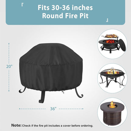 Fire Pit Cover Round 36 In, Outdoor Fire Pit Cover for 30-36 Inches Fire Pits, Windproof Drawstring & Waterproof Layer, Black.