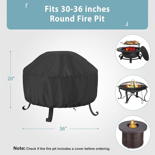 Fire Pit Cover Round 36 In, Outdoor Fire Pit Cover for 30-36 Inches Fire Pits, Windproof Drawstring & Waterproof Layer, Black.