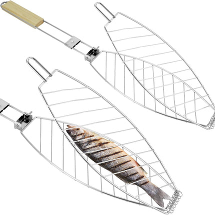 2-Pack Stainless Steel Fish Grill Basket – Portable Locking Grill Rack for Small-Medium Fish, Camping & Home BBQ.