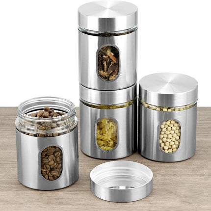 6 Pack 20 oz Stainless Steel Glass Kitchen Canisters Set, Airtight Food Storage Containers with Window, for Flour Cookies Spices Grains.
