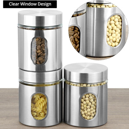 6 Pack 20 oz Stainless Steel Glass Kitchen Canisters Set, Airtight Food Storage Containers with Window, for Flour Cookies Spices Grains.