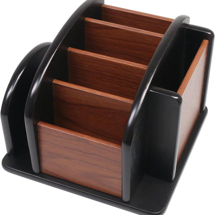 Remote Control Holder Caddy - Wooden Rotating Coffee Table Organizer Large Spinning Wood Remote Holder for Living Room Office (6 Compartments, Brown & Black).