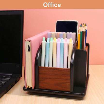 Remote Control Holder Caddy - Wooden Rotating Coffee Table Organizer Large Spinning Wood Remote Holder for Living Room Office (6 Compartments, Brown & Black).