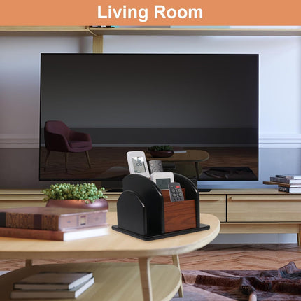 Remote Control Holder Caddy - Wooden Rotating Coffee Table Organizer Large Spinning Wood Remote Holder for Living Room Office (6 Compartments, Brown & Black).