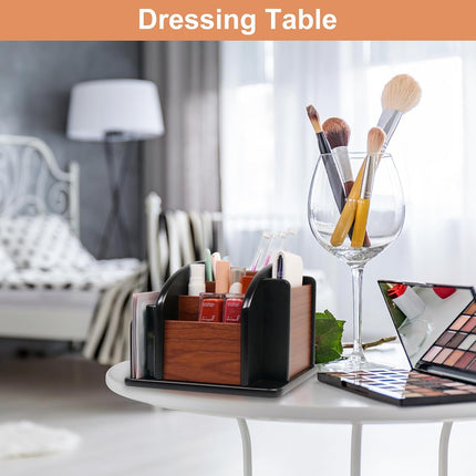 Remote Control Holder Caddy - Wooden Rotating Coffee Table Organizer Large Spinning Wood Remote Holder for Living Room Office (6 Compartments, Brown & Black).