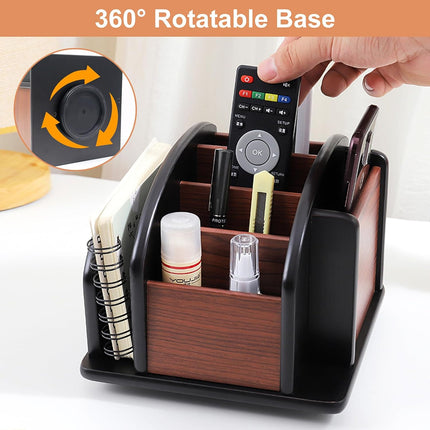 Remote Control Holder Caddy - Wooden Rotating Coffee Table Organizer Large Spinning Wood Remote Holder for Living Room Office (6 Compartments, Brown & Black).