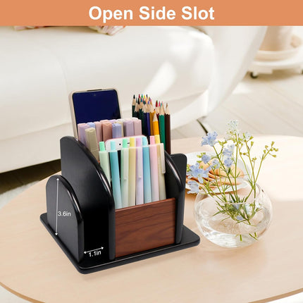 Remote Control Holder Caddy - Wooden Rotating Coffee Table Organizer Large Spinning Wood Remote Holder for Living Room Office (6 Compartments, Brown & Black).