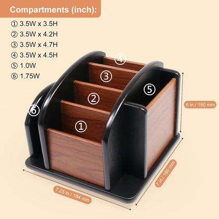 Remote Control Holder Caddy - Wooden Rotating Coffee Table Organizer Large Spinning Wood Remote Holder for Living Room Office (6 Compartments, Brown & Black).