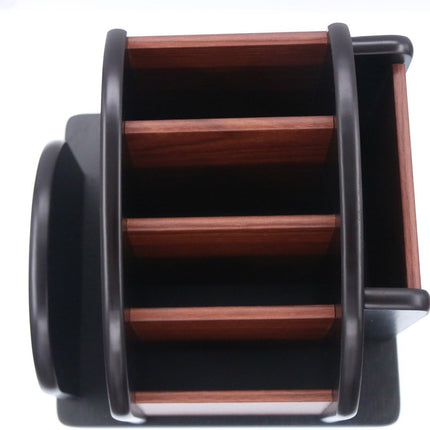 Remote Control Holder Caddy - Wooden Rotating Coffee Table Organizer Large Spinning Wood Remote Holder for Living Room Office (6 Compartments, Brown & Black).
