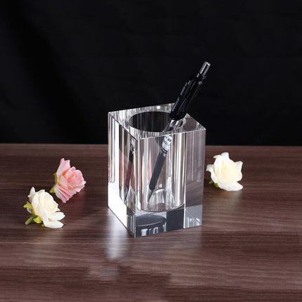 Glass Crystal Pen Pencil Cup Holder Square Clear Small Desk Table Organizer for Office School, Teacher and Student.