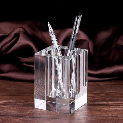 Glass Crystal Pen Pencil Cup Holder Square Clear Small Desk Table Organizer for Office School, Teacher and Student.