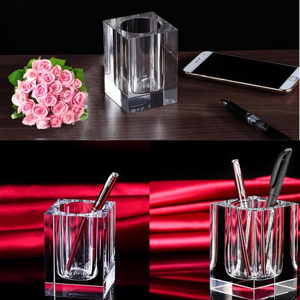 Glass Crystal Pen Pencil Cup Holder Square Clear Small Desk Table Organizer for Office School, Teacher and Student.