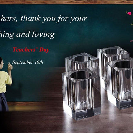 Glass Crystal Pen Pencil Cup Holder Square Clear Small Desk Table Organizer for Office School, Teacher and Student.
