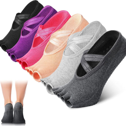 6 Pairs Pilates Socks with Grip for Women Non Slip Yoga Socks Toeless Barre Sticky with Straps Multicolor for Ballet Dance Barefoot Workout.