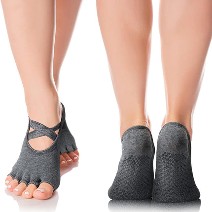 6 Pairs Pilates Socks with Grip for Women Non Slip Yoga Socks Toeless Barre Sticky with Straps Multicolor for Ballet Dance Barefoot Workout.