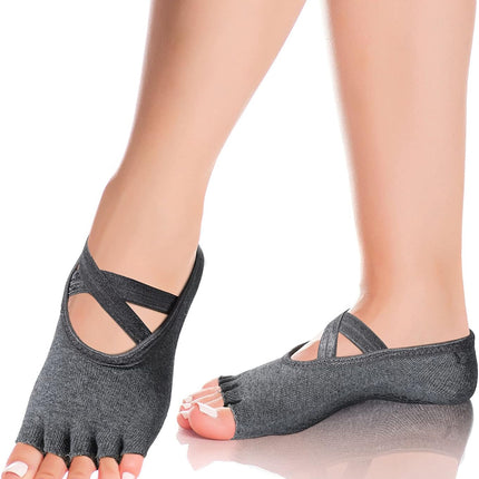 6 Pairs Pilates Socks with Grip for Women Non Slip Yoga Socks Toeless Barre Sticky with Straps Multicolor for Ballet Dance Barefoot Workout.
