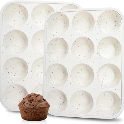 Silicone Muffin Pan, Metal Reinforced Frame Cupcake Pan 12 Cups Regular Size Easy to Move in or Out of Oven Non-Stick (2).