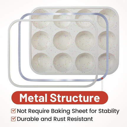 Silicone Muffin Pan, Metal Reinforced Frame Cupcake Pan 12 Cups Regular Size Easy to Move in or Out of Oven Non-Stick (2).