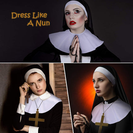 2 Sets Halloween Nun Costume Set Plastic Gold Cross Nun Habit Costume Set Hat White Collar Gold Cross Pendant for Woman.