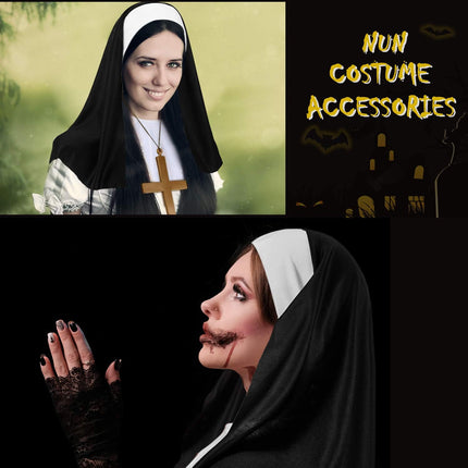 2 Sets Halloween Nun Costume Set Plastic Gold Cross Nun Habit Costume Set Hat White Collar Gold Cross Pendant for Woman.