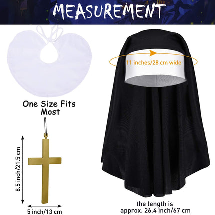 2 Sets Halloween Nun Costume Set Plastic Gold Cross Nun Habit Costume Set Hat White Collar Gold Cross Pendant for Woman.