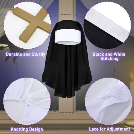 2 Sets Halloween Nun Costume Set Plastic Gold Cross Nun Habit Costume Set Hat White Collar Gold Cross Pendant for Woman.