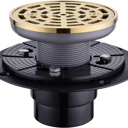 Round Shower Drain SUS304 Stainless Steel Brushed Gold Shower Drain 4 inch with Adjustable PVC Base Flange,Shower Floor Drain with Removable Cover Grid Grate.