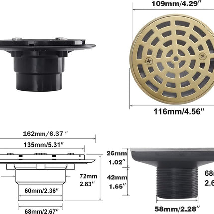 Round Shower Drain SUS304 Stainless Steel Brushed Gold Shower Drain 4 inch with Adjustable PVC Base Flange,Shower Floor Drain with Removable Cover Grid Grate.