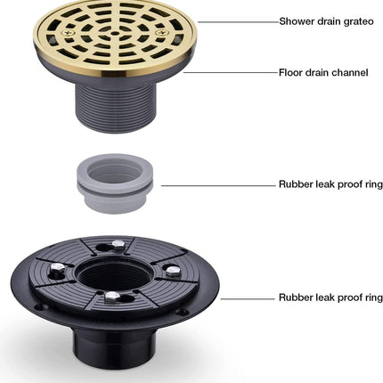 Round Shower Drain SUS304 Stainless Steel Brushed Gold Shower Drain 4 inch with Adjustable PVC Base Flange,Shower Floor Drain with Removable Cover Grid Grate.