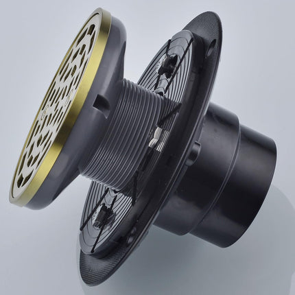 Round Shower Drain SUS304 Stainless Steel Brushed Gold Shower Drain 4 inch with Adjustable PVC Base Flange,Shower Floor Drain with Removable Cover Grid Grate.