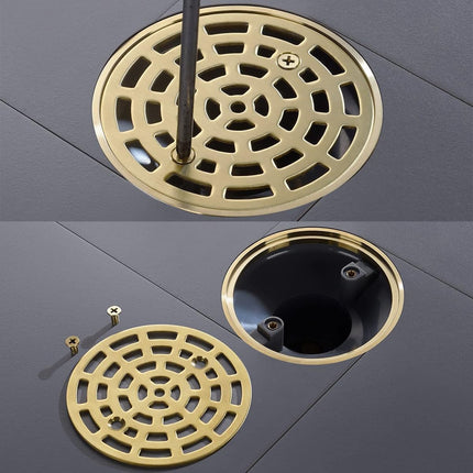 Round Shower Drain SUS304 Stainless Steel Brushed Gold Shower Drain 4 inch with Adjustable PVC Base Flange,Shower Floor Drain with Removable Cover Grid Grate.