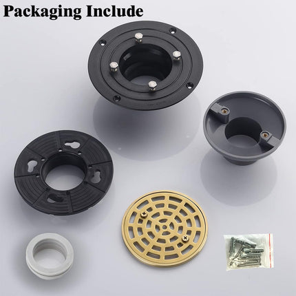 Round Shower Drain SUS304 Stainless Steel Brushed Gold Shower Drain 4 inch with Adjustable PVC Base Flange,Shower Floor Drain with Removable Cover Grid Grate.