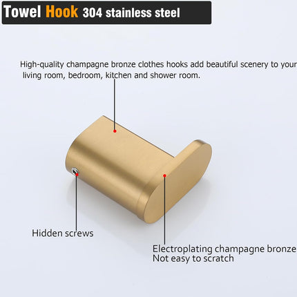 Champagne Bronze Towel Hooks for Bathrooms Wall Mount Coat Hooks SUS304 Stainless Steel Hand Towel Robe Hook.96026-8CB.
