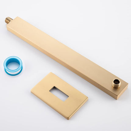 16 Inch Brushed Gold Shower Arm with Flange and Teflon Tape,Thicken Stainless Steel Extension Extender Pipe for Fixed Rain Shower Head,Extra Long High Rise Shower Head Extension Arm.91118-16BG.