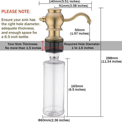 Brushed Gold Soap Dispenser for Kitchen Sink,Built in Sink Soap Dispenser with Solid Brass Pump Head Soap Dispenser Extension Tube Kit and 11 Ounce Large PET Liquid Soap Bottle.RD84038BG.