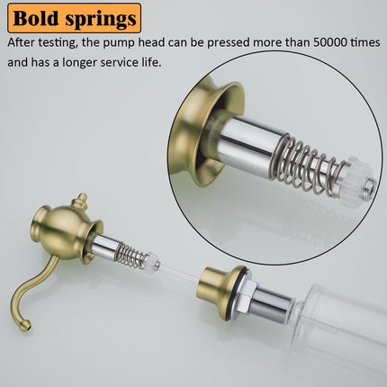 Brushed Gold Soap Dispenser for Kitchen Sink,Built in Sink Soap Dispenser with Solid Brass Pump Head Soap Dispenser Extension Tube Kit and 11 Ounce Large PET Liquid Soap Bottle.RD84038BG.
