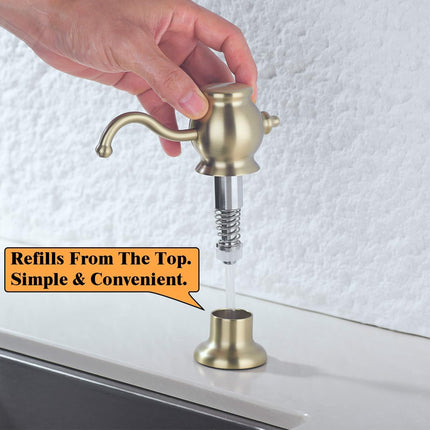 Brushed Gold Soap Dispenser for Kitchen Sink,Built in Sink Soap Dispenser with Solid Brass Pump Head Soap Dispenser Extension Tube Kit and 11 Ounce Large PET Liquid Soap Bottle.RD84038BG.