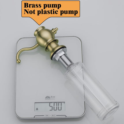 Brushed Gold Soap Dispenser for Kitchen Sink,Built in Sink Soap Dispenser with Solid Brass Pump Head Soap Dispenser Extension Tube Kit and 11 Ounce Large PET Liquid Soap Bottle.RD84038BG.