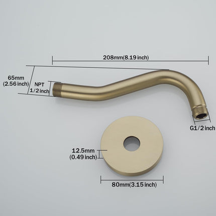 8 Inch Curved Shower Arm with Flange Brushed Gold S-Shape Shower Head Extension Arm Stainless Steel,Wall Mounted.RD-91068-8BG.